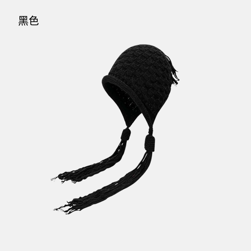 新款时尚补丁毛线帽秋冬季手工辫子流苏帽红色百搭保暖护耳针织帽|undefined