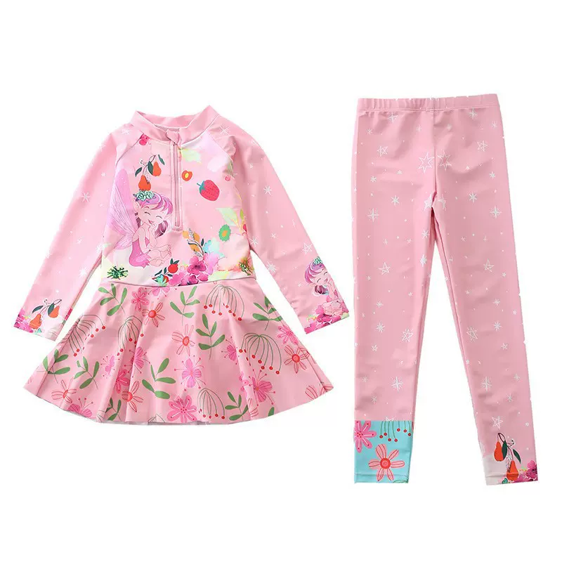 新款儿童泳衣女中大童连体泳衣加长裤泳装长袖保守女童游泳衣