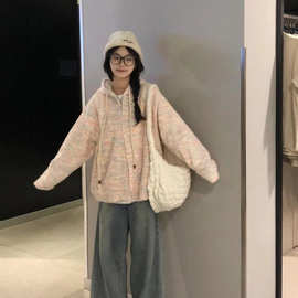 原版 慵懒连帽针织开衫外套女秋2024软糯多巴胺彩虹粉毛衣秋冬