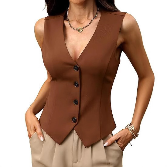 2025 European and American Cross-Border New Fashion Women's V-Neck Sleeveless Button Vest Business Casual Wear