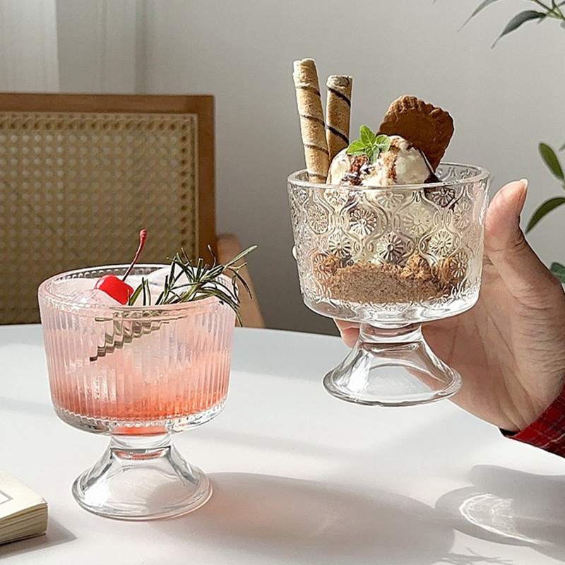 海棠花玻璃杯 小眾咖啡果汁酸奶冰淇淋杯夏天家用水果高腳甜品杯