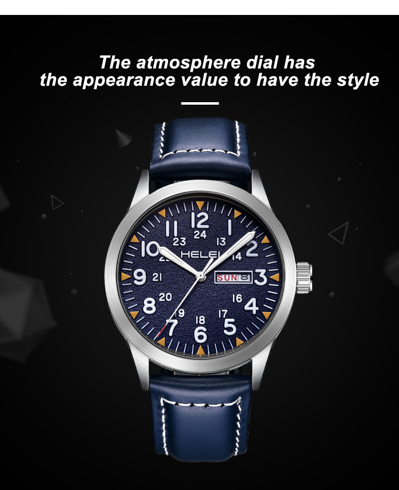 New Brand HELEI Men's Watch Genuine Leather Waterproof Luminous Wrist Watch Quartz Watch Calendar Week Display_voghion.com