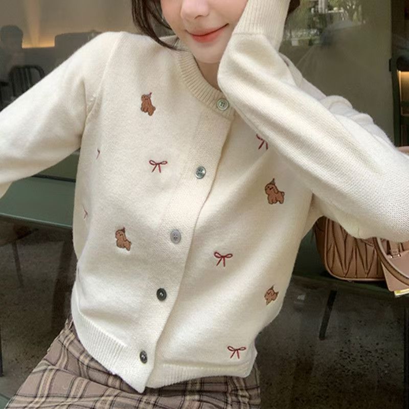 Korean Style Sweet and Gentle Style Bow Embroidered Sweater for Women in Autumn and Winter Design Versatile Short Fashion Knitted Cardigan
