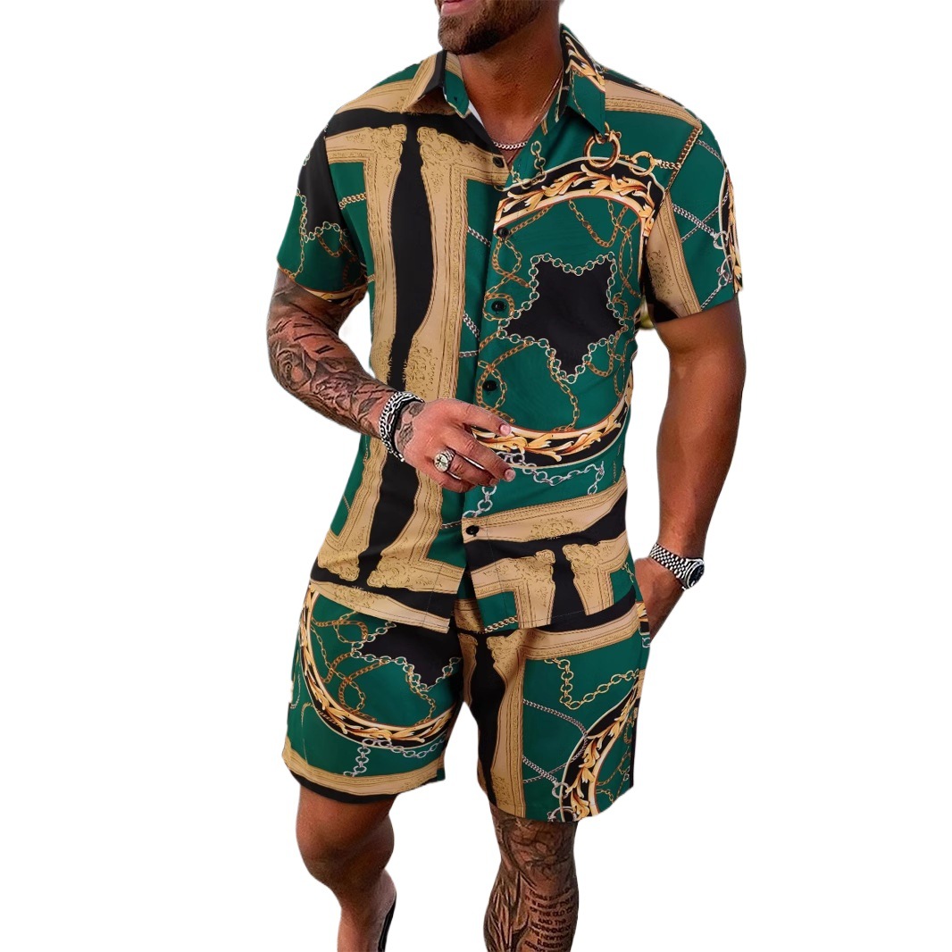 국경 간 대외 무역 새로운 봄, 여름 예술적 스타일 남성 비치 반팔 셔츠 반바지 정장 현장 도매