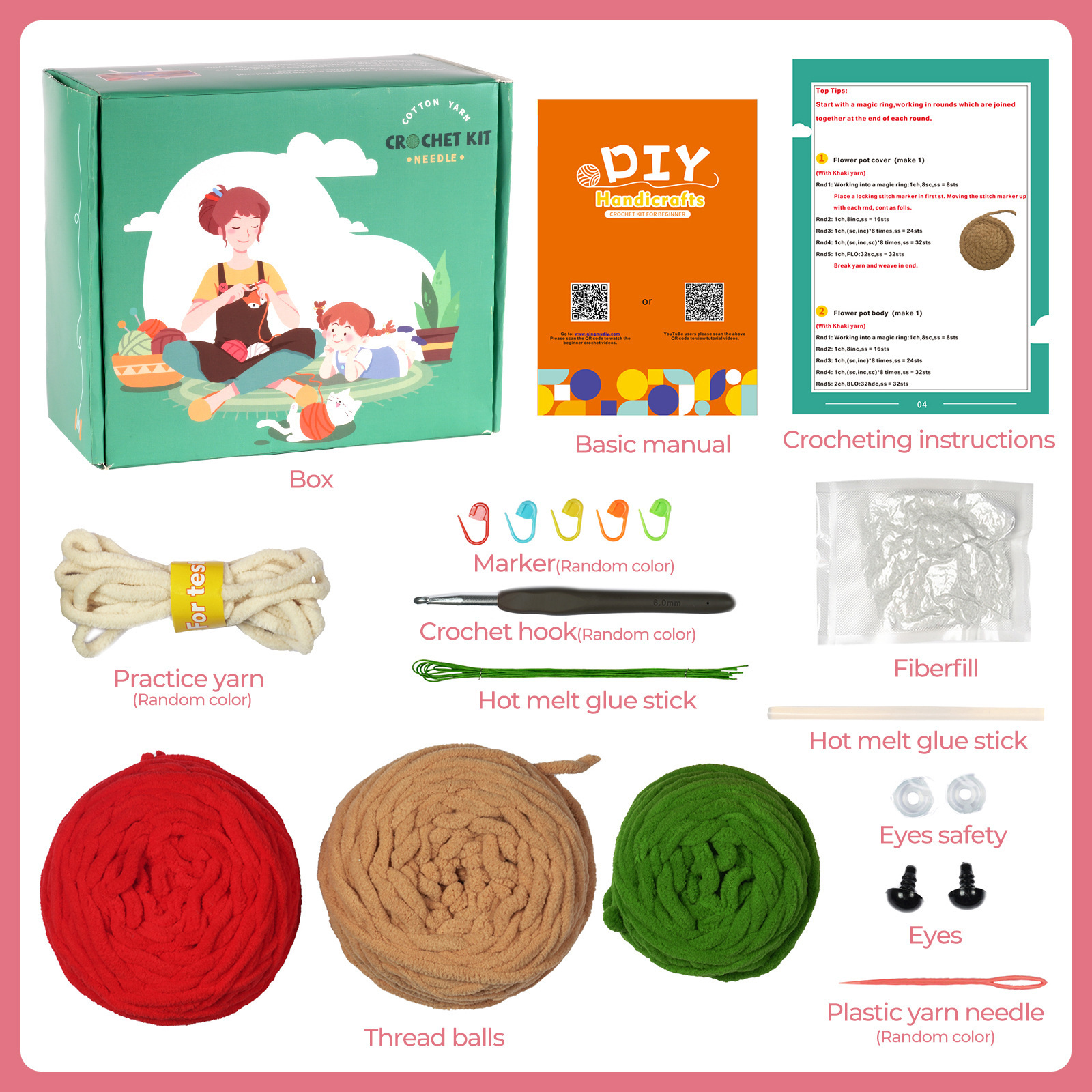 Amazon nuevo inglés instrucción material de ganchillo paquete hielo línea planta amor hecho a mano DIY decoración regalo