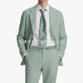 亚马逊新款男士西装套装亚麻西装礼服休闲商务结婚男士西服套装
