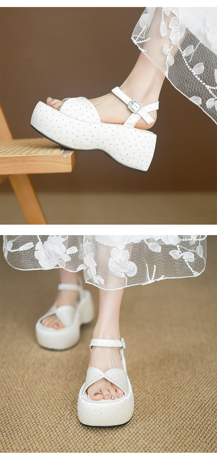 Sandal cao gót nữ đế dày hở mũi kiểu Pháp đính đá phong cách thơm nhỏ quai ngang La Mã gót nhọn — Màu đen, Màu trắng be, Màu mơ chi tiết 10