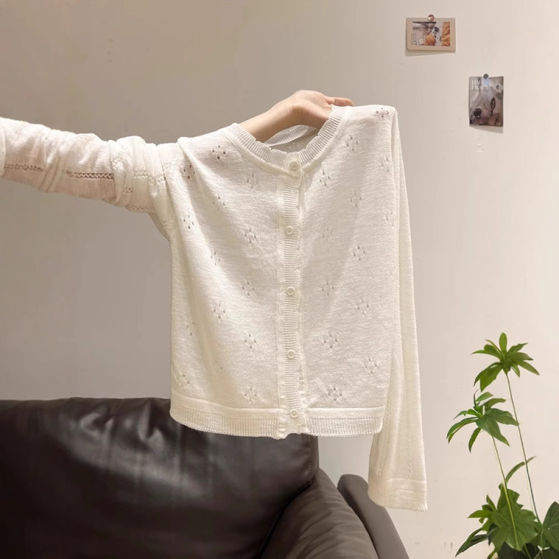 Korean Lace Hollow Sweater Right Shoulder Long-Sleeved Cardigan with Sun Protection Blouse New Top Women's Summer High-End