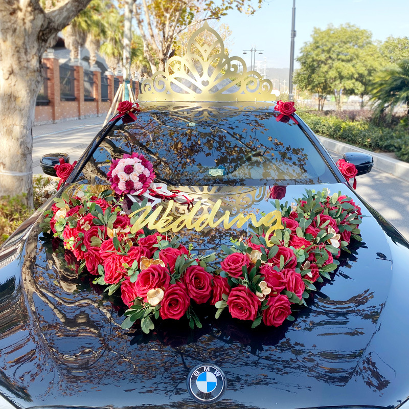 Boda coche decoración simulación flotador cabeza flor boda equipo cabeza coche en forma de v rosa festivo boda ramo floral