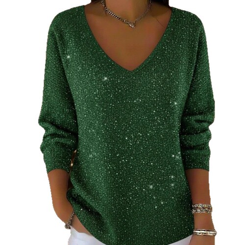 New 3D digital print gradient shines elegant temperament all-match women's V-neck, shoulder, long-sleeved, bottomed shirt, T-shirt