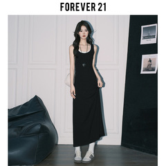 Forever 21气质休闲假两件A字连衣裙女黑色U领拼接包臀背心长裙子