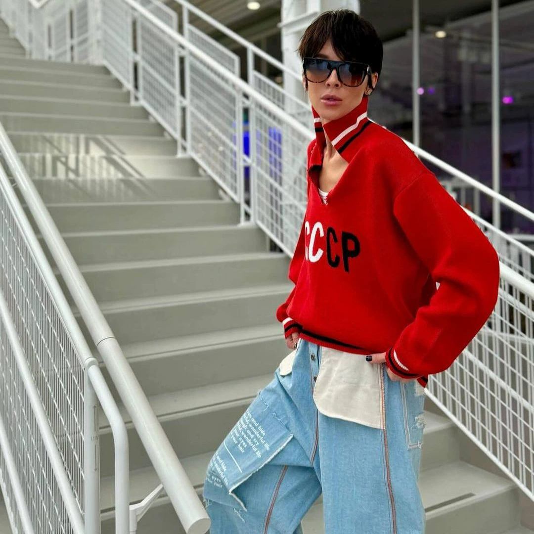 AliExpress нишевый жаккардовый свитер с V-образным вырезом и буквами, женский зимний Повседневный свободный Универсальный пуловер в ленивом стиле