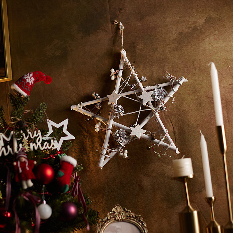 Decoración de Navidad nórdica de madera penta-colgante decoración de ventanas de Navidad accesorios pared campanas de estrella