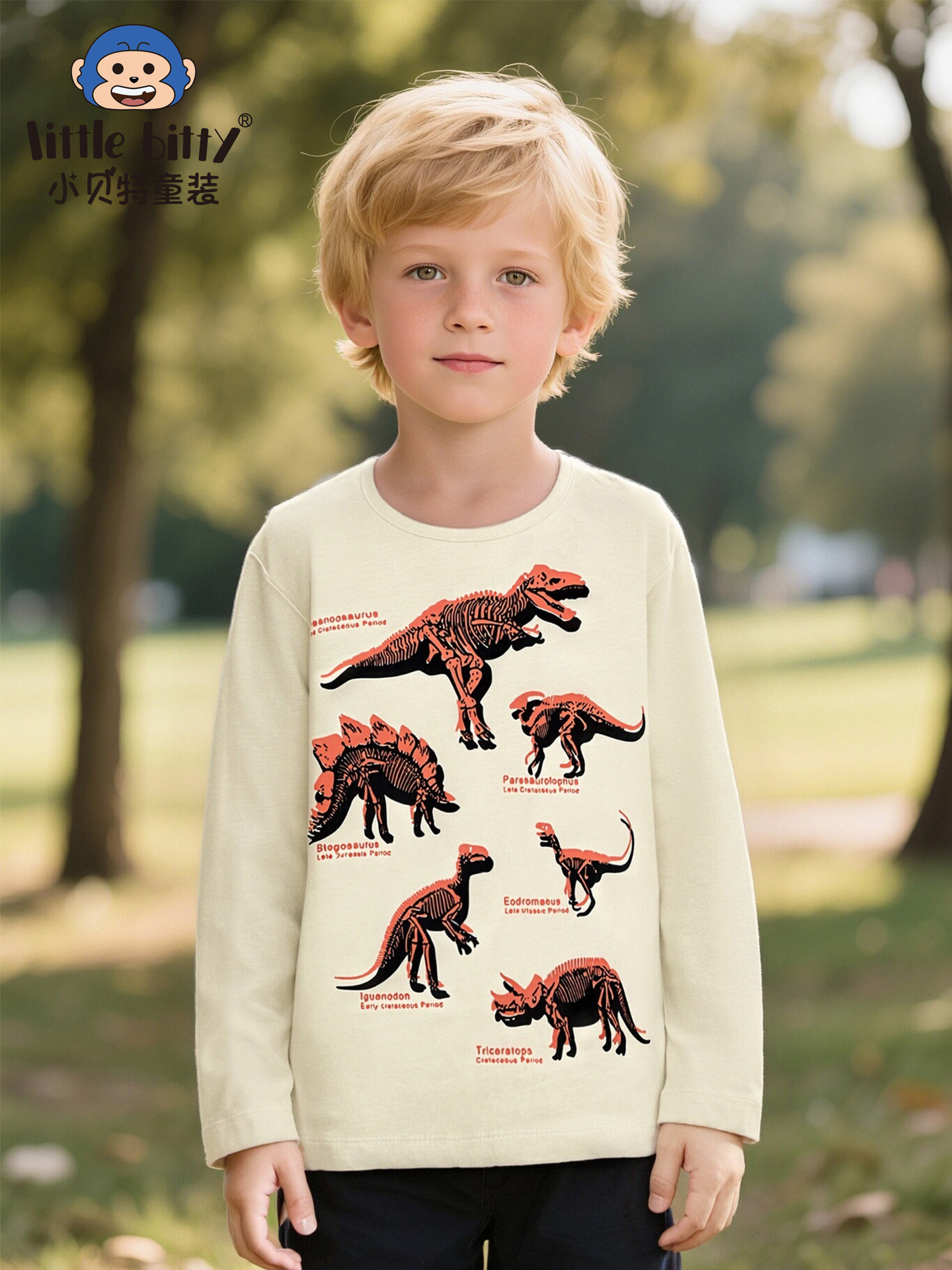 Cross-Border European and American Style 25-Year-Old Autum Boys' Long-Sleeved T-Shirt Cartoon Dinosaur Knitted Printed Round Neck Pullover Top
