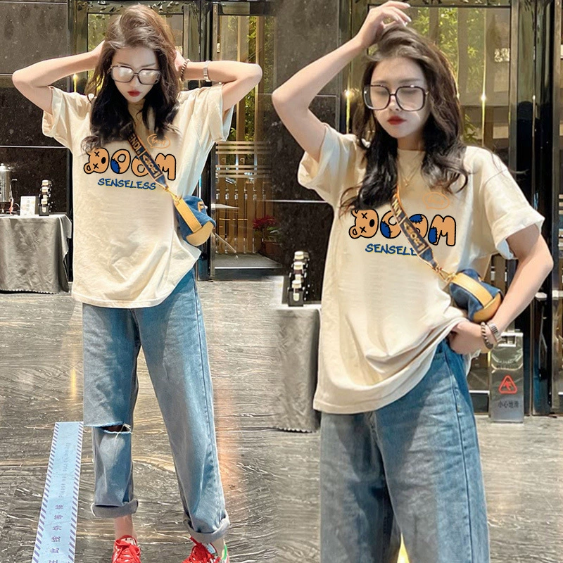 Европейский топ-футболка Женская Новинка 2024 года, летняя свободная футболка средней длины с круглым вырезом и короткими рукавами из чистого хлопка, модная