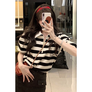 Summer New American Retro Contrast Stripesd Short-Sleeved T-Shirt Polo Collar Zipper Right Shoulder Chic Lapel Top Trendy
