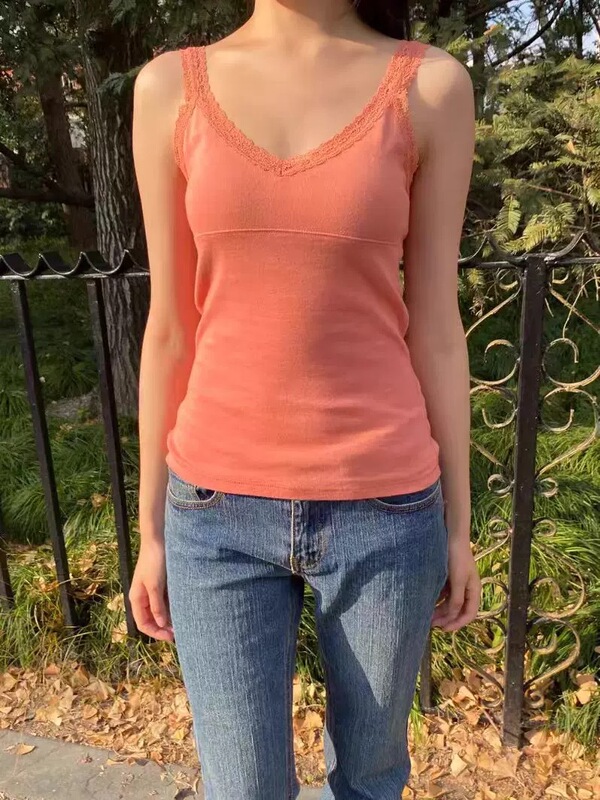 Bm Style New Orange Lace-Trimmed V-Neck Camisole for Women, Bm Spicy Girl Slim-Fit Top for Layering or Wearing Alone