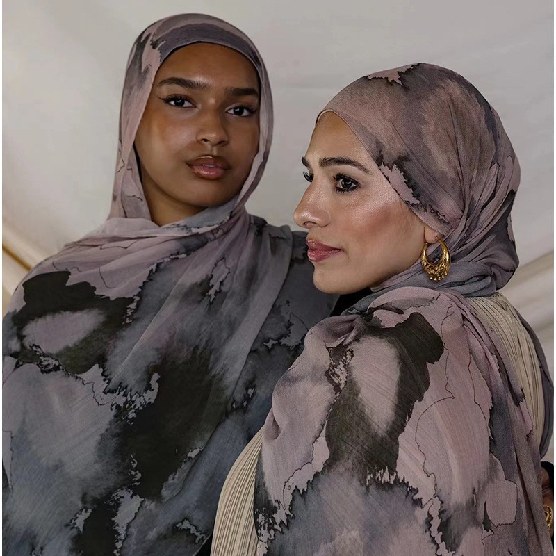 【Polyester Cotton Print】 Cross-Border Hot-Selling Printed Headscarf Ethnic Shawl Marble Print Ethnic Scarf Shawl