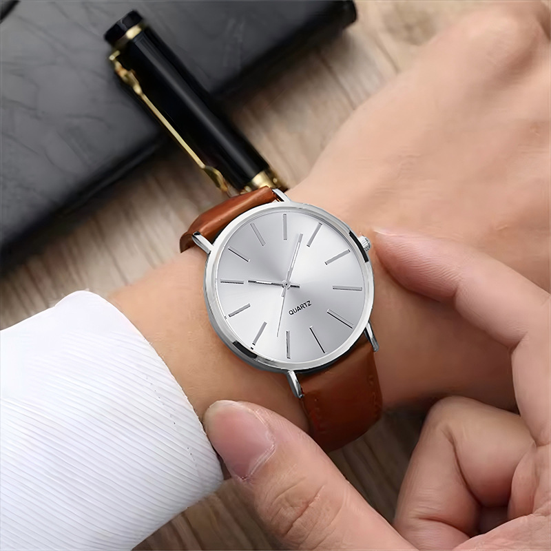 Men Quartz Watch Set 4 In 1 Business Wristwatch With Bracelet Necklace Ring Leather Strap Gift Box_voghion.com
