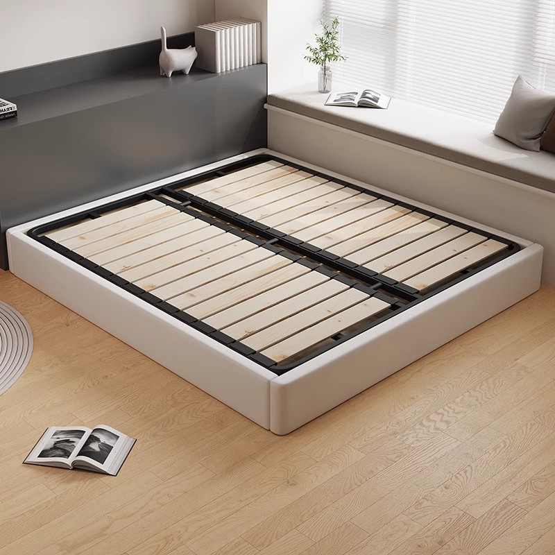 Floor-Standing Steel-Wood Ribbed Bed Frame, Simple Solid Wood Bed, Tatami Double Bed, No Bedside, Guesthouse Bed, Small Apartment