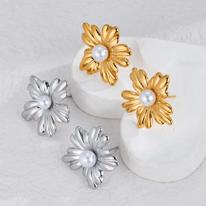 Women's Gender Wholesale Jewelry IG Style Flower Bow Knot 304 Stainless Steel Pearl Inlay Rings Earrings