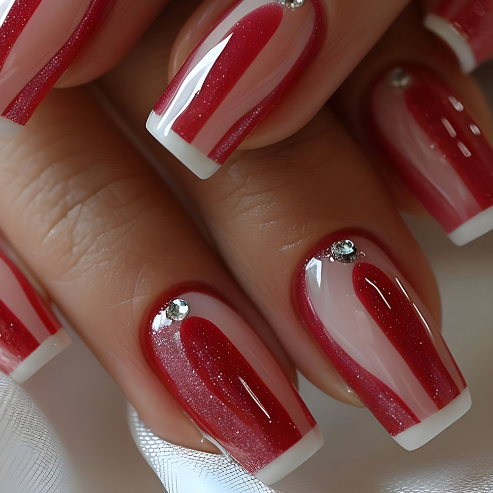 24 piezas de color de fondo rojo vino, uñas de moda, adornos de un solo diamante, uñas francesas, uñas de venta caliente transfronterizas