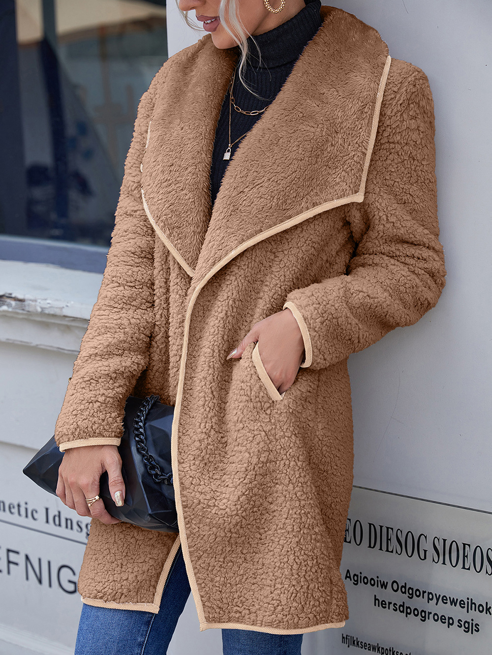 loose lapel irregular mid-length double-sided plush coat NSYBL136698