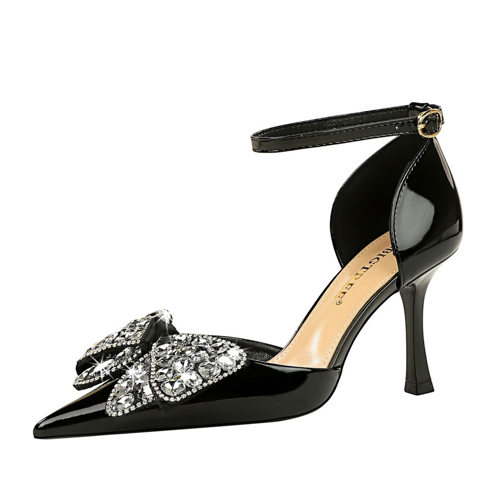 8323-H21 Fashionable Banquet Hollow High Heels Shallow Mouth Pointed Rhinestone Bow Knot with Women's Sandals