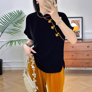 Nanyou Chinese-Style National Style Oblique Lapel Hand-Embroidered Floral National Style Silk Velvet Small Stand-Up Collar Top Retro Tang Suit Small Shirt