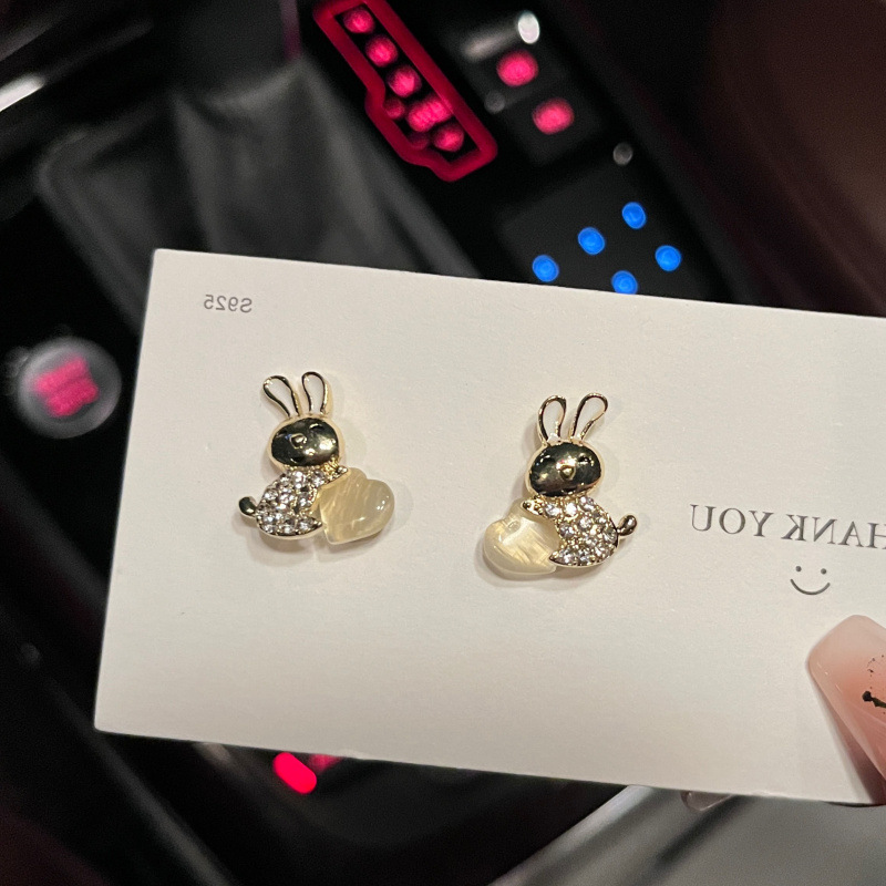 Cute Rabbit Heart Shape Alloy Plating Inlay Rhinestones Opal Womenu0027S Ear Studs 1 Pair