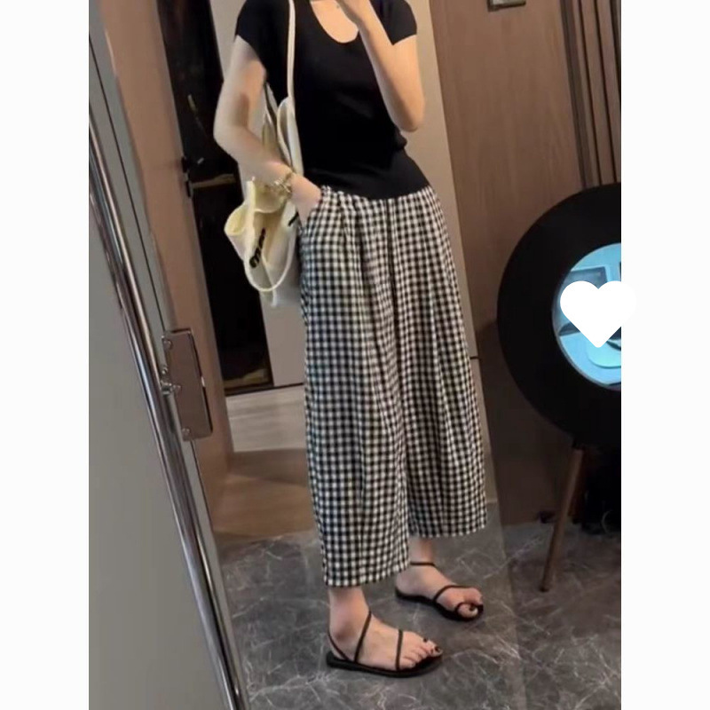 黑白格子裤休闲裤哈伦裤夏季棉质宽松大码百搭网红休闲显瘦九分裤
