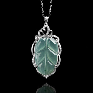 Natural a goods jade blue water leaves S925 silver inlaid ice jade pendant jade pendant women's necklace fashion pendant