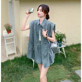 实拍酷飒拽姐牛仔套装裤女夏薄2026新款松弛感穿搭马甲短裤两件套