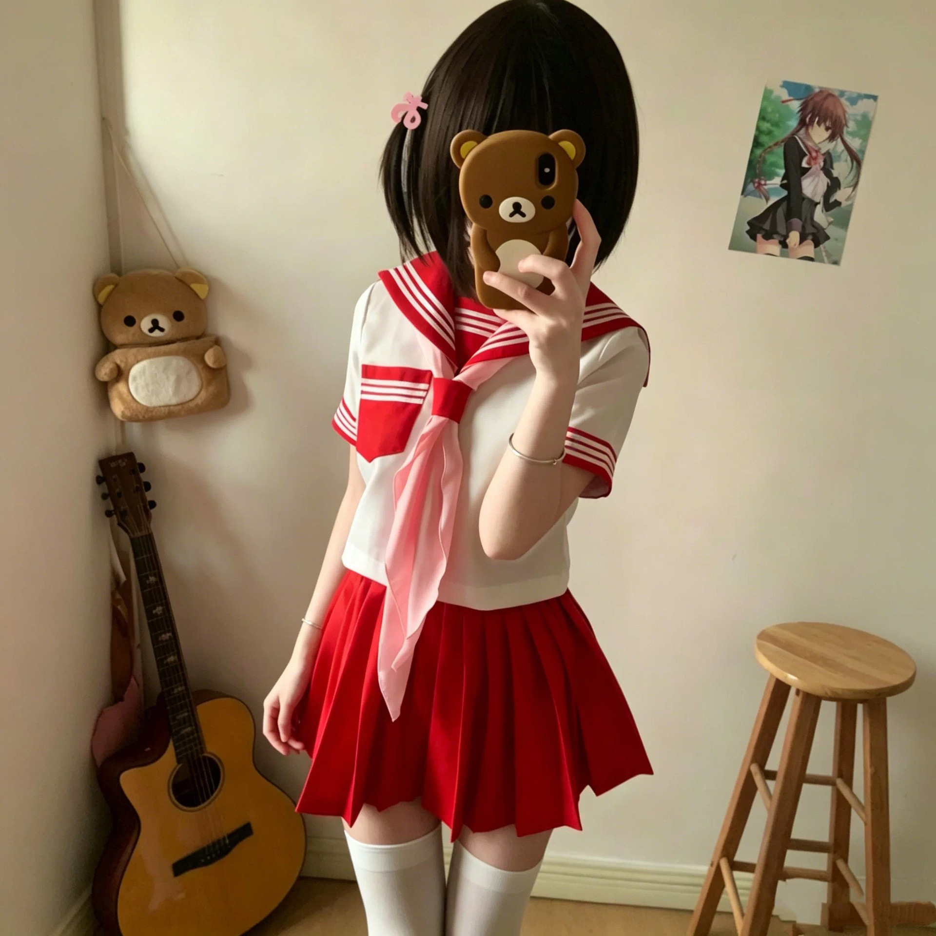 Red three-piece short-sleeved cute and adorable sailor-style JK uniform, summer college-style basic white JK set