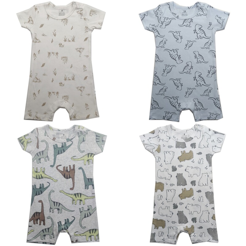 Foreign Trade Short-Sleeve Romper [Shoulder Opening · Double-Sided Cotton] for Boys and Girls, Infants and Toddlers, with Animal Print and Floral Design, Shoulder Opening with Buttons, Short-Sleeve One-Piece