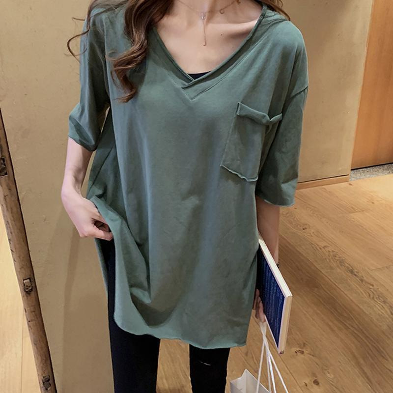 6535 Cotton Split T-shirt Women's Summer Loose Slimming 2023 Korean Style Curled Front Short Back Long Short Sleeve V-neck Cotton 6535 Cotton Split T-shirt Women's Summer Loose Slimming 2023 Korean Style Curled Front Short Back Long Short Sleeve V-neck Cotton