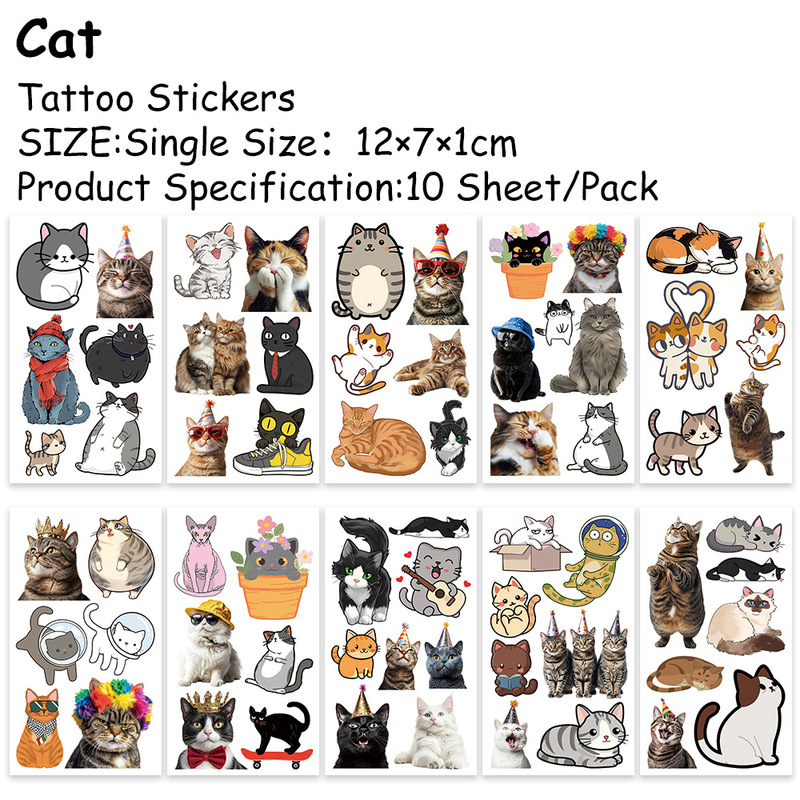 10 Sheets/Pack Cross-Border New Cartoon Interesting Cat Tattoo Stickers Holiday Fun Party Temporary Stickers