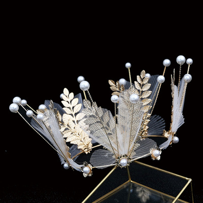 新娘饰品婚纱礼服头饰烘焙蛋糕装饰皇冠树叶金色网纱发饰生日摆件