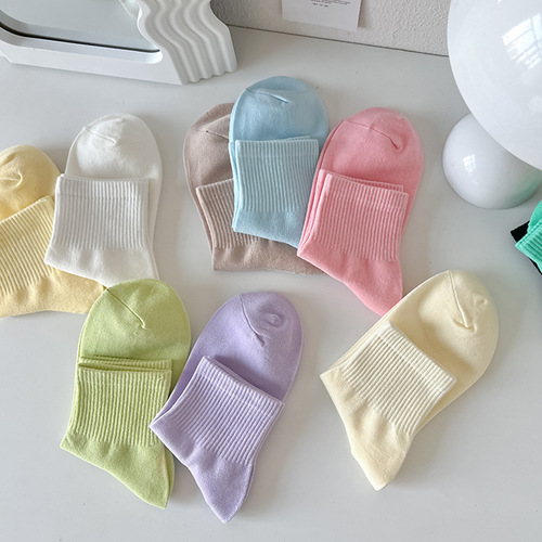 White socks women's mid-calf cotton socks ins trendy summer thin solid color Japanese candy-colored socks women's summer cream