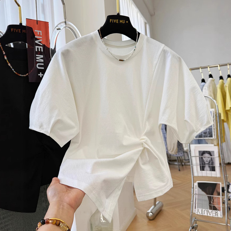 Row Style Design Twist Slit Slim Short-Sleeved T-Shirt Women's Summer Off-Shoulder Asymmetrical Short Half-Sleeved Top Row Style Design Twist Slit Slim Short-Sleeved T-Shirt Women's Summer Off-Shoulder Asymmetrical Short Half-Sleeved Top