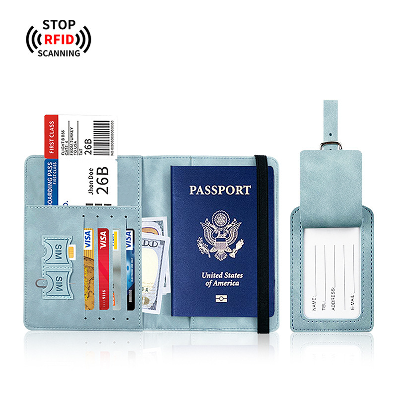Bolsa de pasaporte antimagnética de piel de pu juego de etiqueta de equipaje cepillo antirrobo de cuero clip de pasaporte rfid bolsa de identificación en stock cubierta de pasaporte