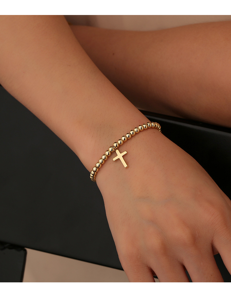 Gold Plated Beaded Charm Bracelet Minimalist Cross Design_voghion.com