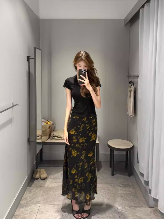 半身裙女夏长款2025小个子复古黄玫瑰裙子套装轻熟碎花修身包臀裙|undefined