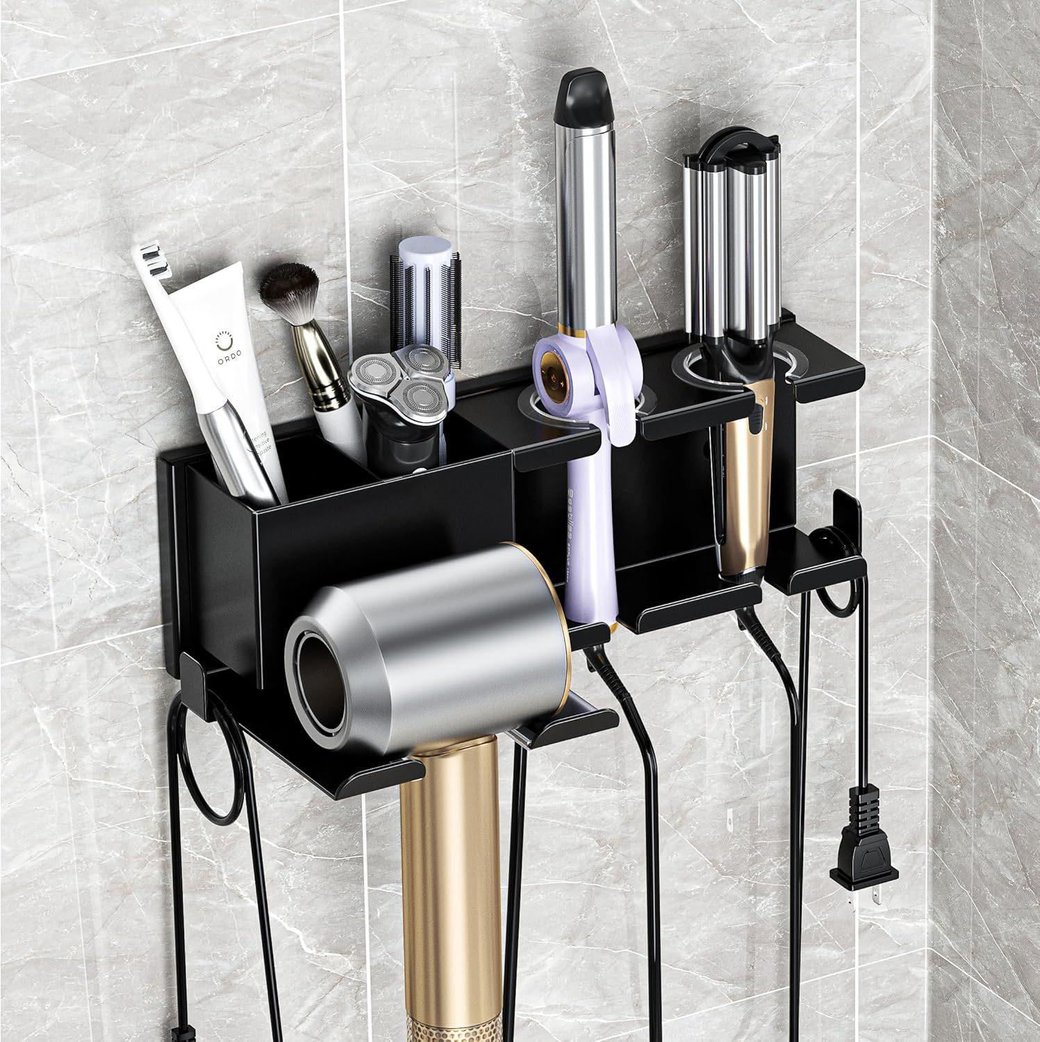 Multifunctional Hair Dryer Storage Rack for Bathroom, No-Drill Wall-Mounted Hair Dryer Organizer and Storage Rack