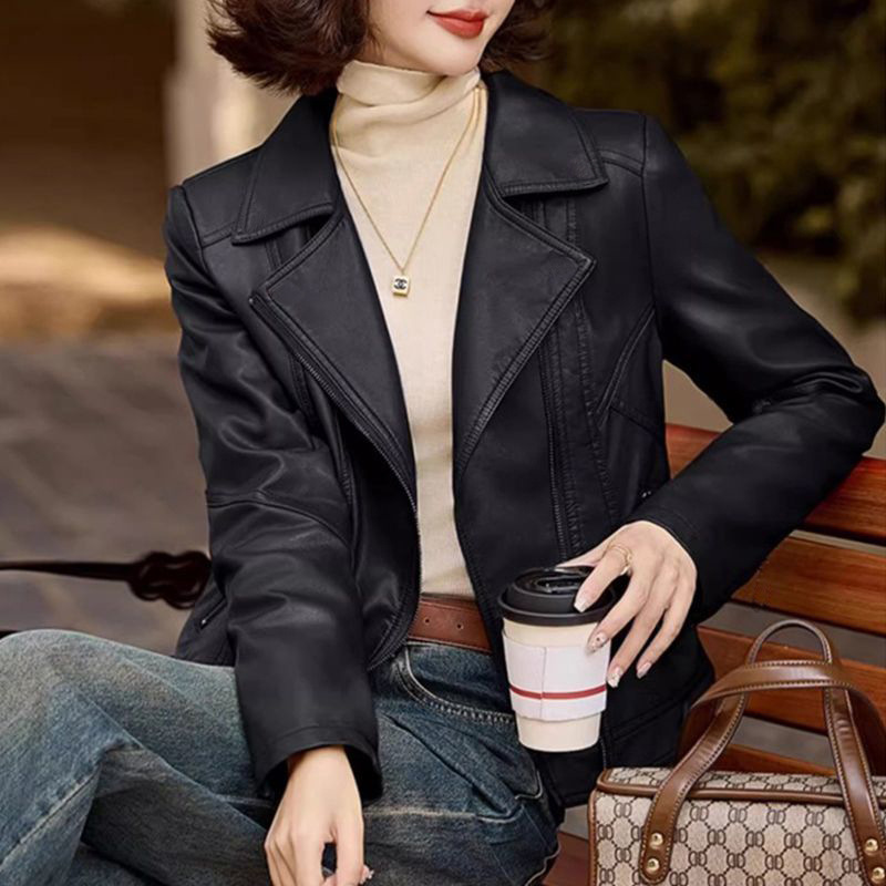 Spring and Autumn New Small Leather Women's Short Coat Korean Style Slim-fit Black Biker Suit Leather Jacket Slimming 8805