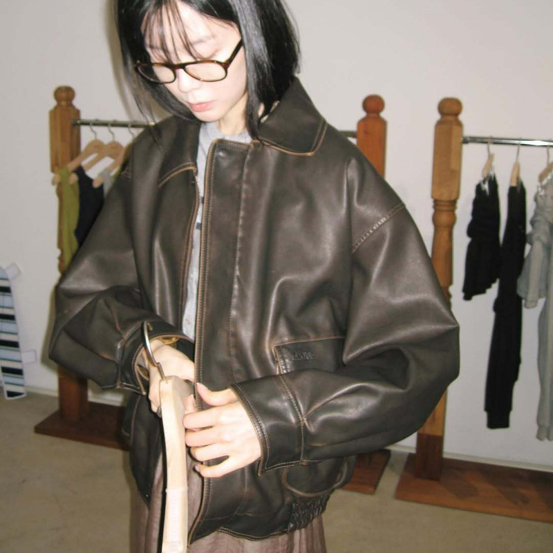 Korean Niche Brand Go Yoon-Jung Style New Vintage Loose-Fitting Distressed Motorcycle Leather Jacket with Zipper for Women Korean Niche Brand Go Yoon-Jung Style New Vintage Loose-Fitting Distressed Motorcycle Leather Jacket with Zipper for Women
