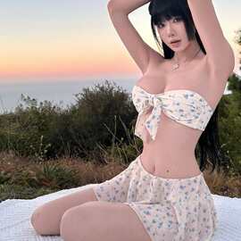 甜美可爱少女小胸抹胸三件套分体裙式比基尼BIKINI游泳衣女泳装