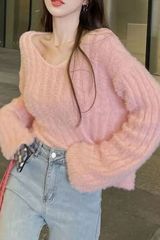 粉色海毛V领毛衣外套女宽松早秋季外穿慵懒风长袖针织衫套头上衣