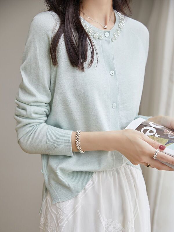 Fine Mino wool sweater cardigan for women 2023 new fashion long-sleeved sweater outdoor niche air-conditioned room