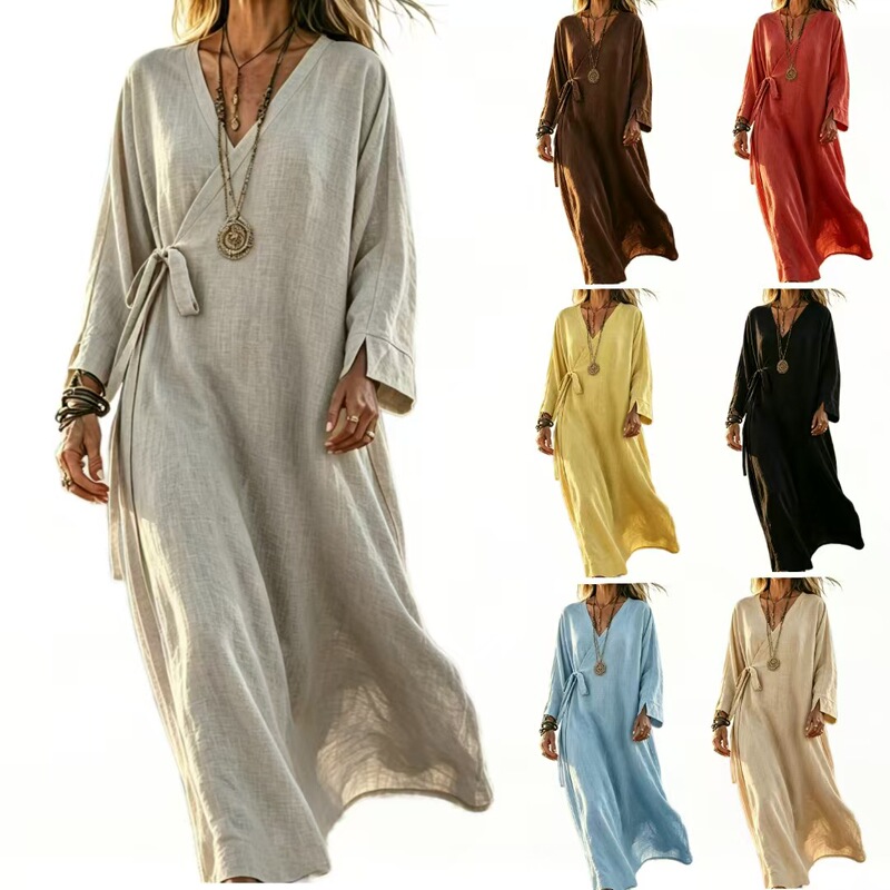 New foreign trade model, best-selling on Amazon, wrap-style dress, casual V-neck with cross-tie straps, long-sleeved holiday maxi dress New foreign trade model, best-selling on Amazon, wrap-style dress, casual V-neck with cross-tie straps, long-sleeved holiday maxi dress